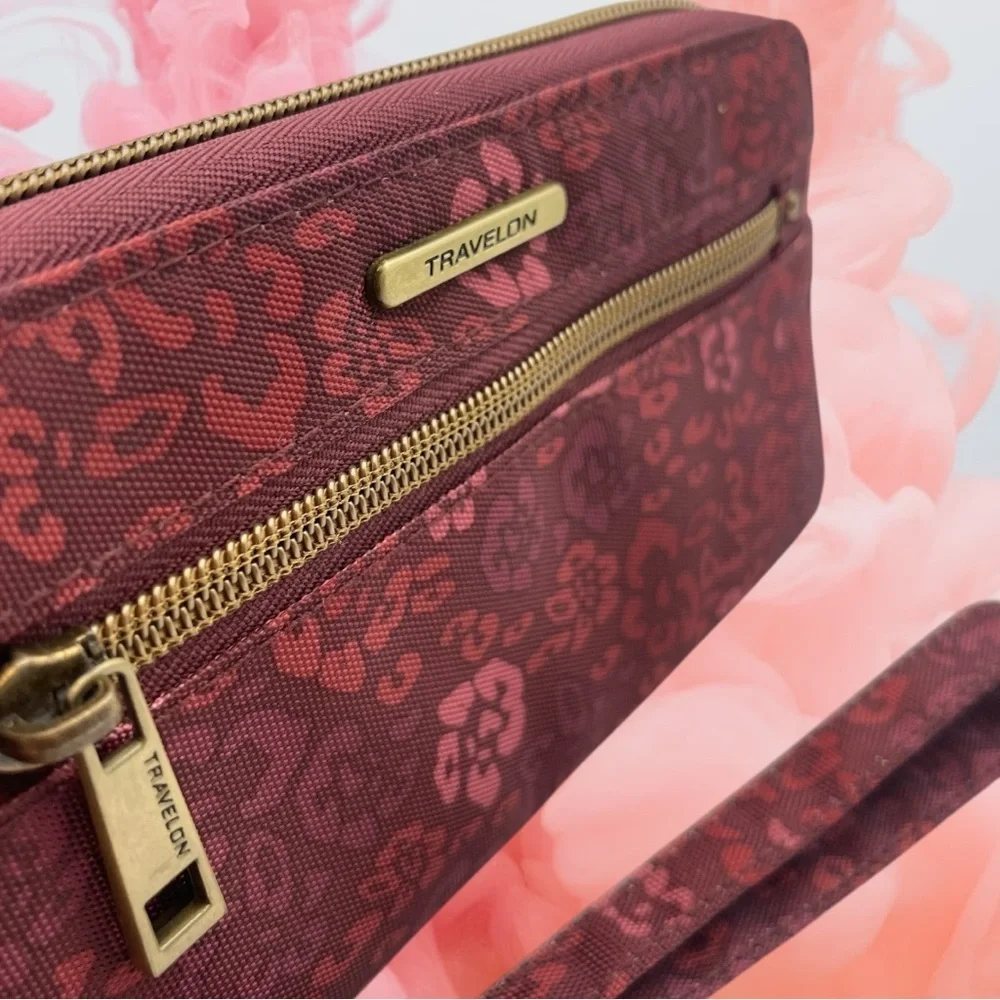 Travelon RFID Blocking Single Zip Wallet Floral Burgundy Rose Design